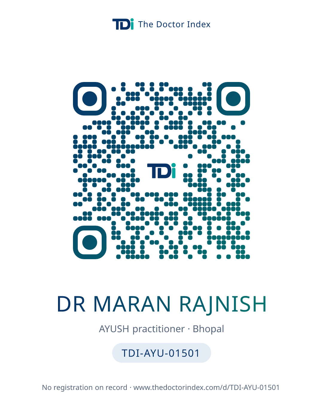 QR card for Dr Maran Rajnish, TDI-AYU-01501