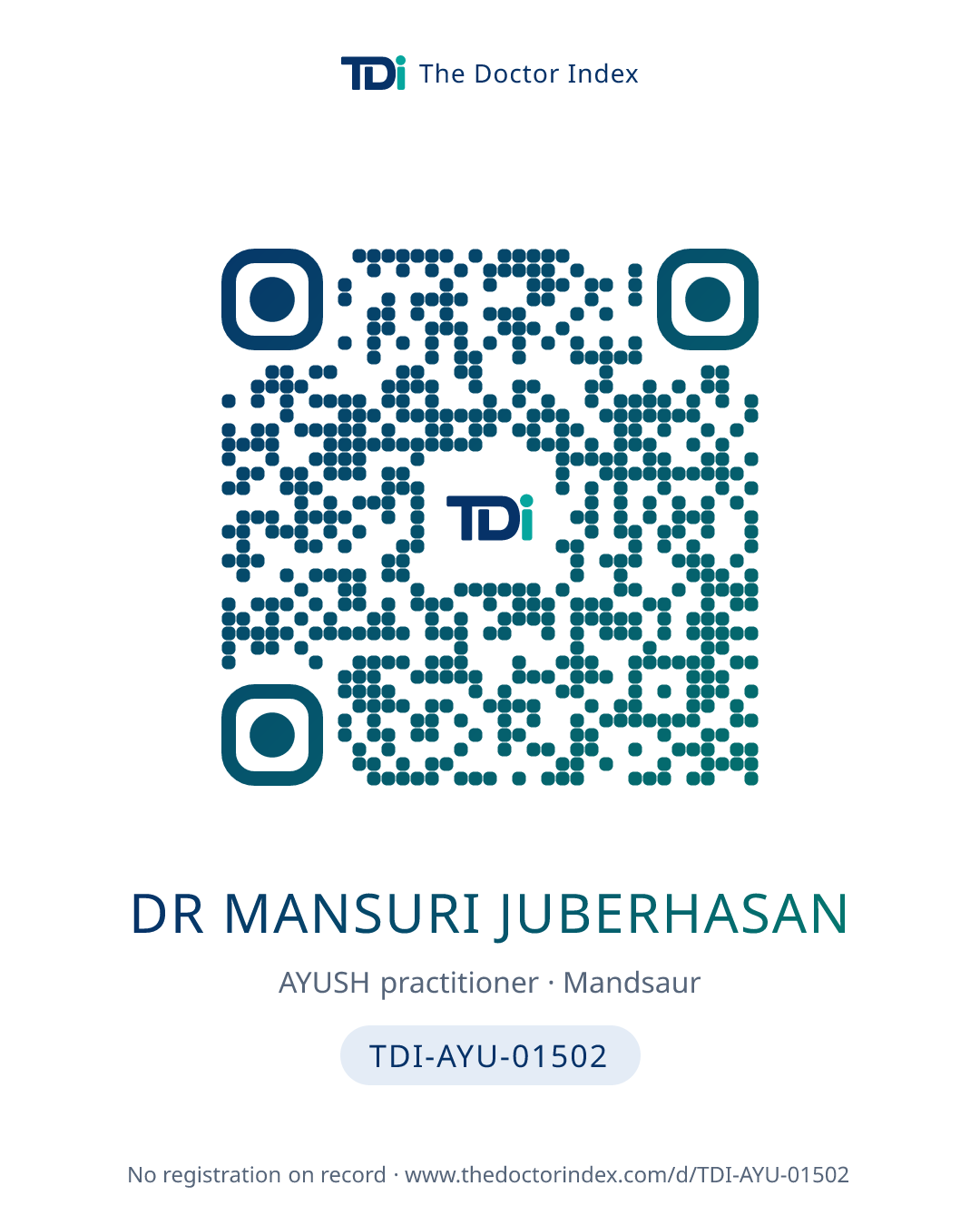 QR card for Dr Mansuri Juberhasan, TDI-AYU-01502