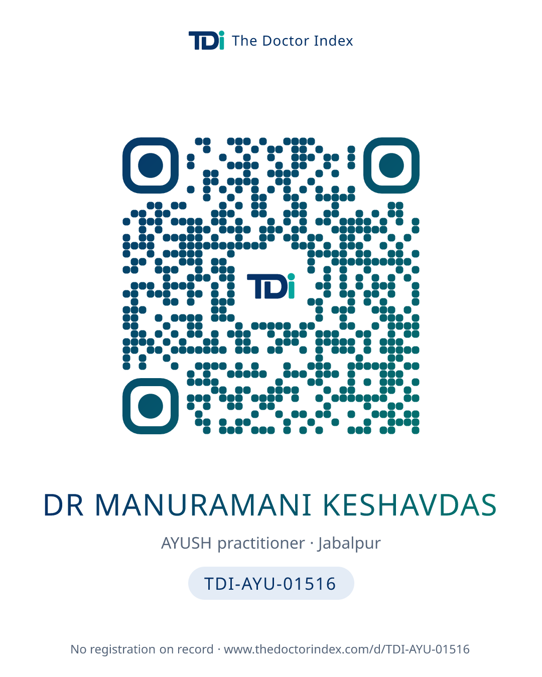 QR card for Dr Manuramani Keshavdas, TDI-AYU-01516