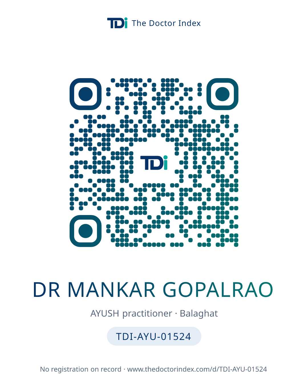 QR card for Dr Mankar Gopalrao, TDI-AYU-01524