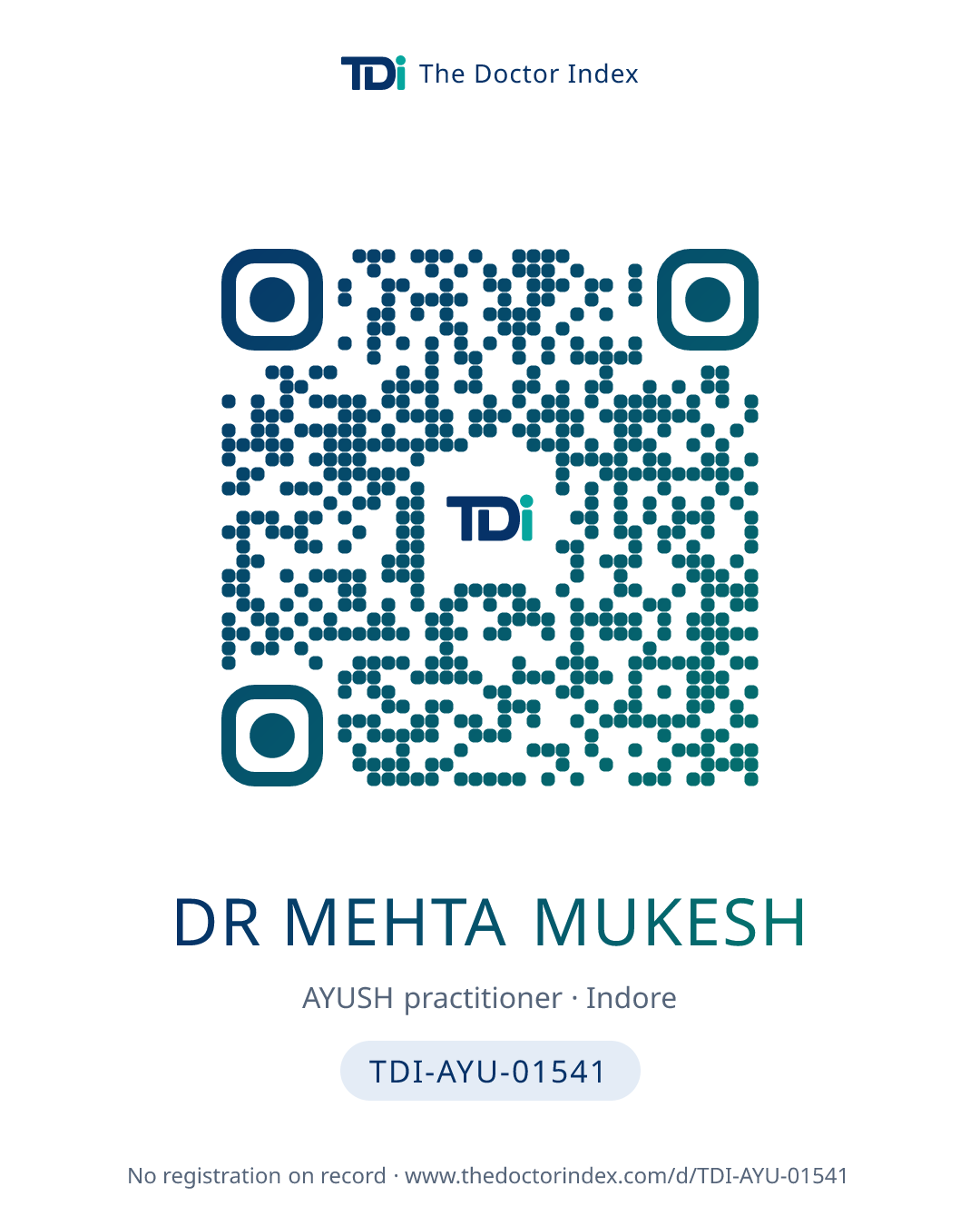 QR card for Dr Mehta Mukesh, TDI-AYU-01541