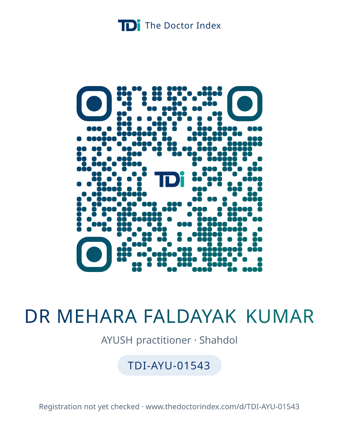 QR card for Dr Mehara Faldayak Kumar, TDI-AYU-01543