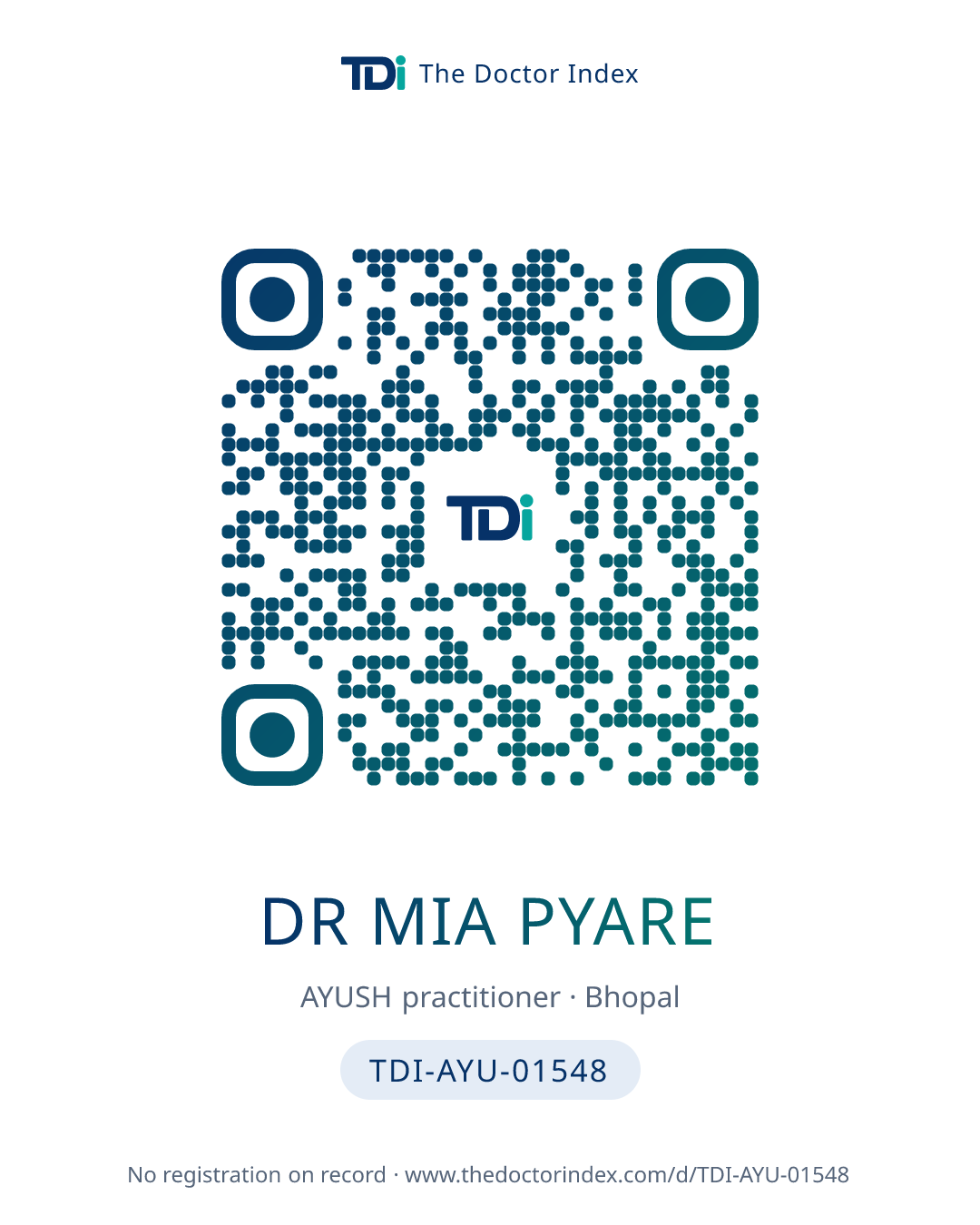 QR card for Dr Mia Pyare, TDI-AYU-01548