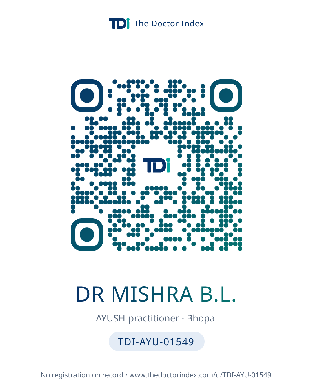 QR card for Dr Mishra B.L., TDI-AYU-01549
