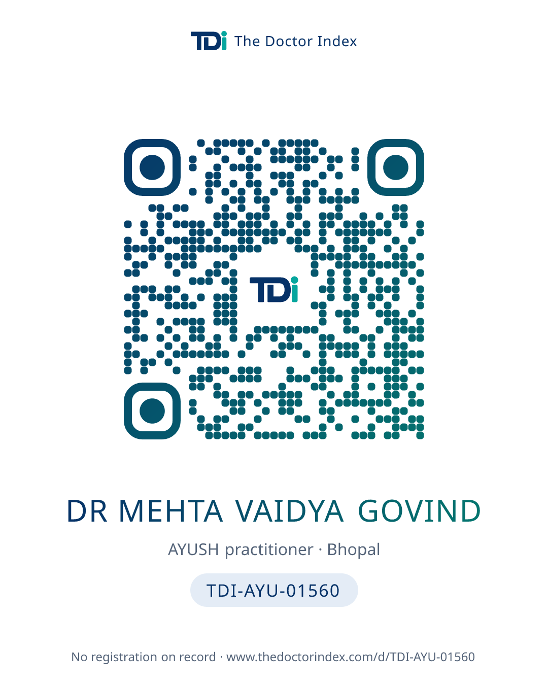 QR card for Dr Mehta Vaidya Govind, TDI-AYU-01560