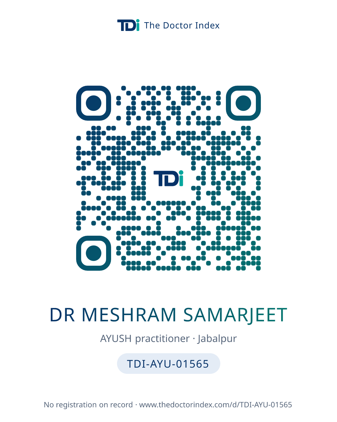 QR card for Dr Meshram Samarjeet, TDI-AYU-01565