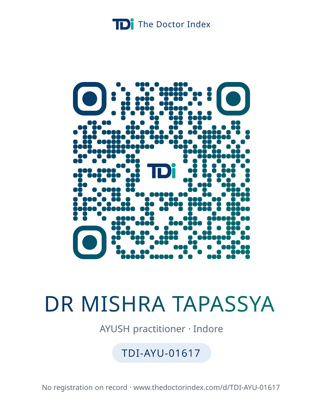 QR card for Dr Mishra Tapassya, TDI-AYU-01617