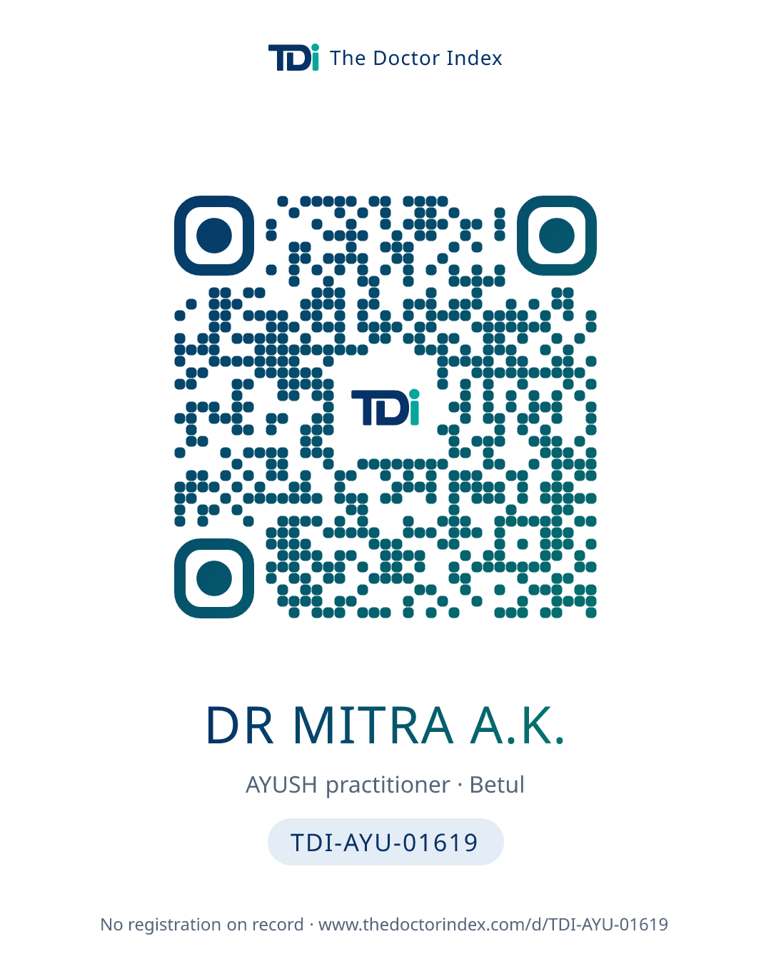 QR card for Dr Mitra A.K., TDI-AYU-01619