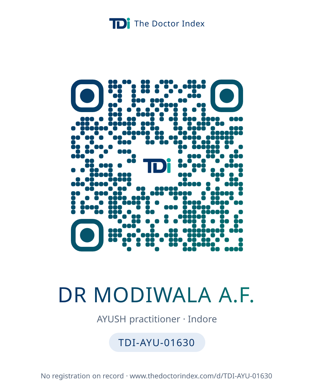 QR card for Dr Modiwala A.F., TDI-AYU-01630