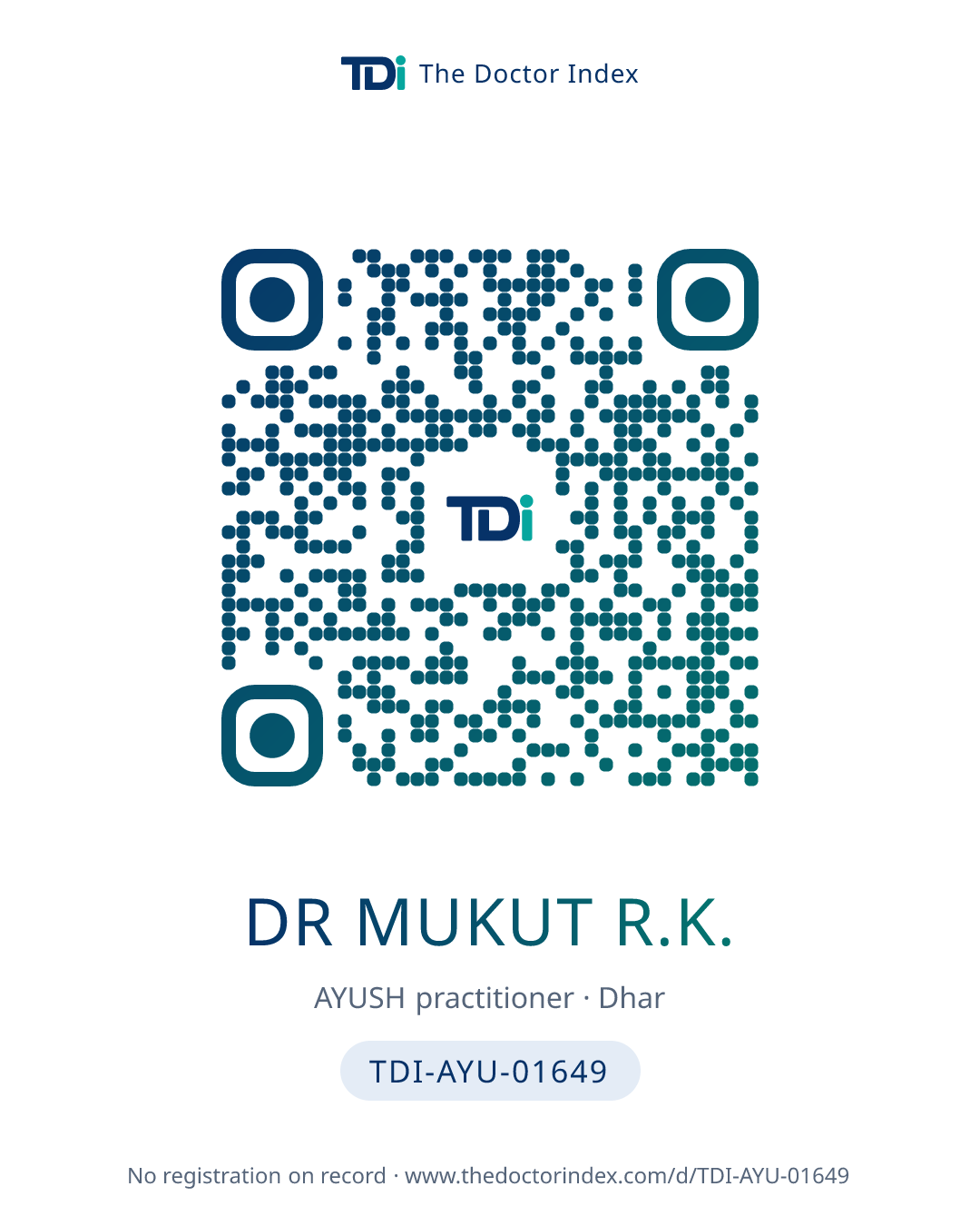 QR card for Dr Mukut R.K., TDI-AYU-01649