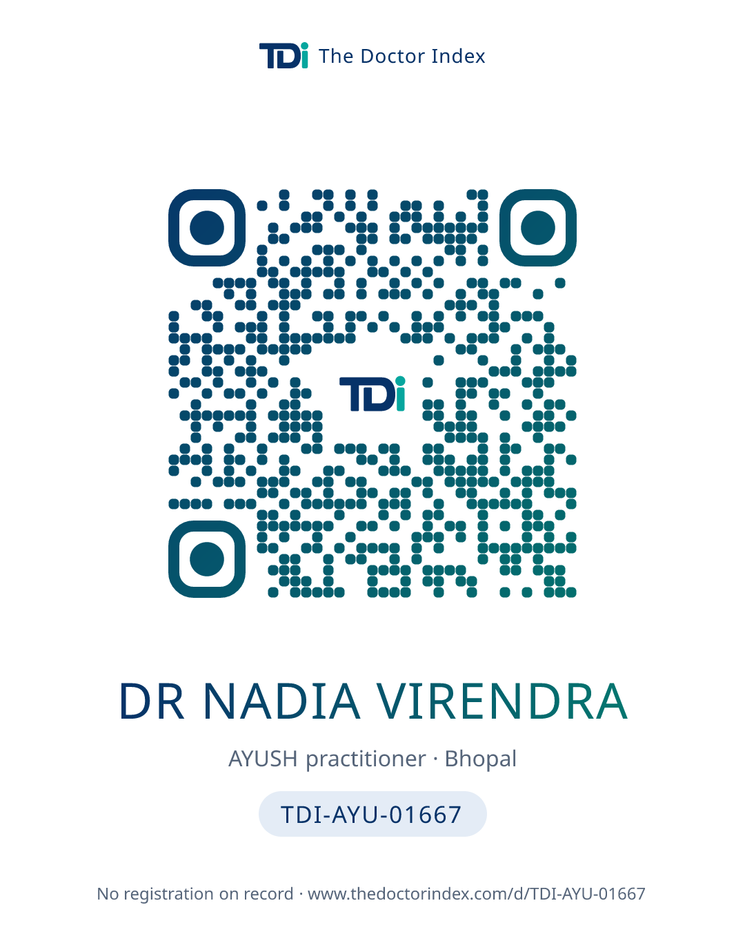 QR card for Dr Nadia Virendra, TDI-AYU-01667