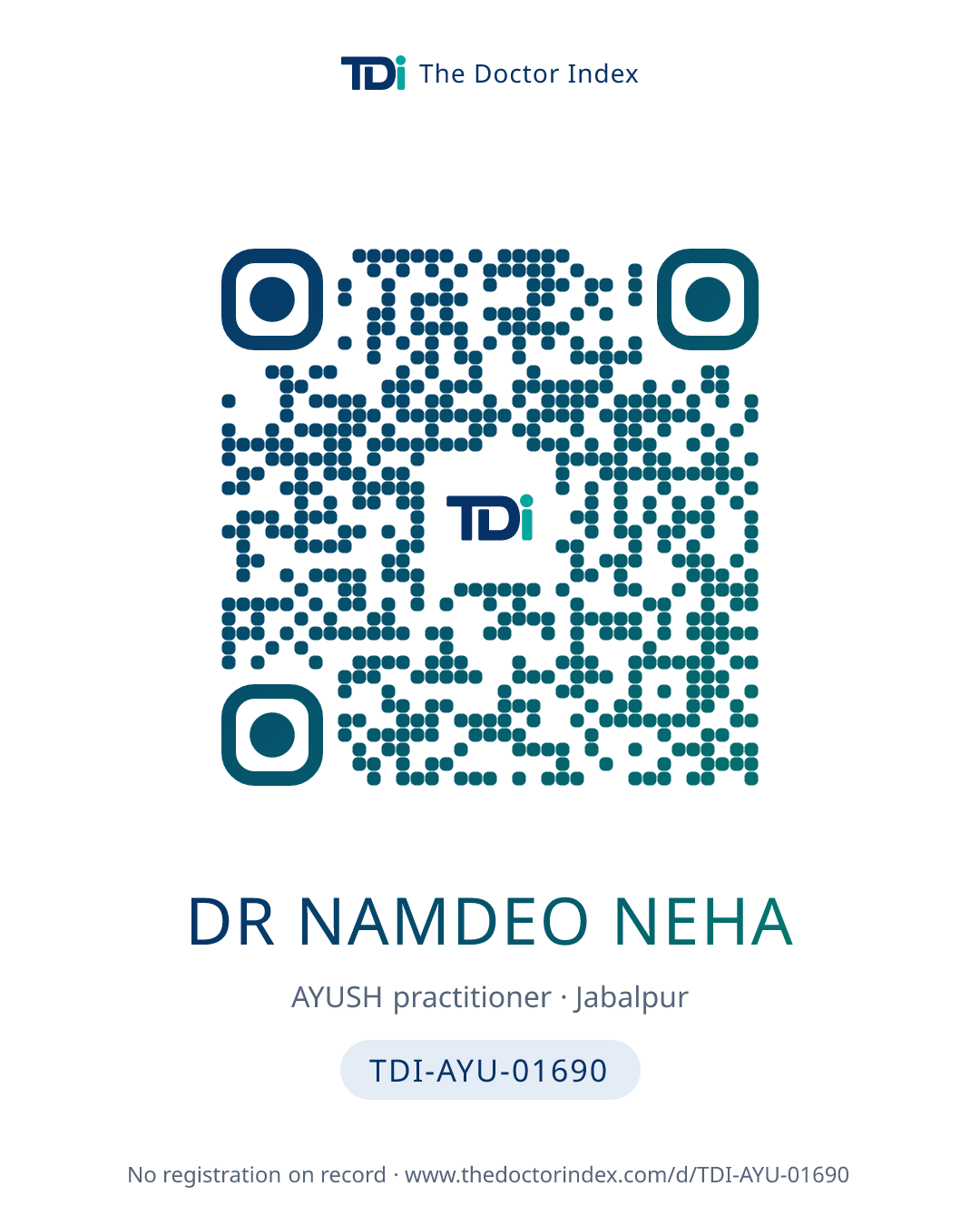 QR card for Dr Namdeo Neha, TDI-AYU-01690