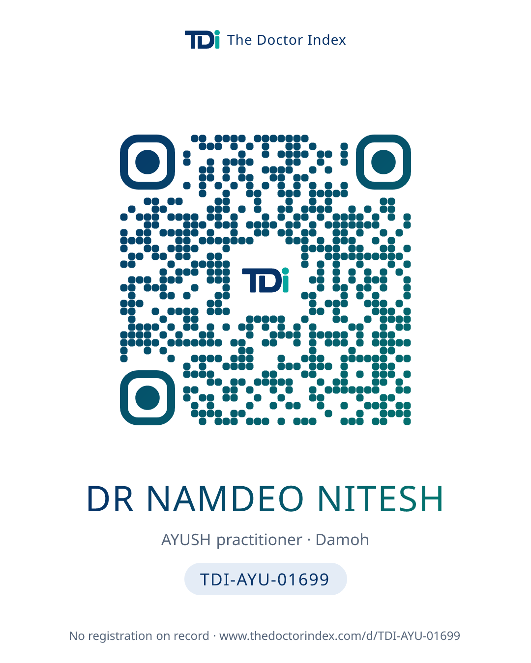 QR card for Dr Namdeo Nitesh, TDI-AYU-01699