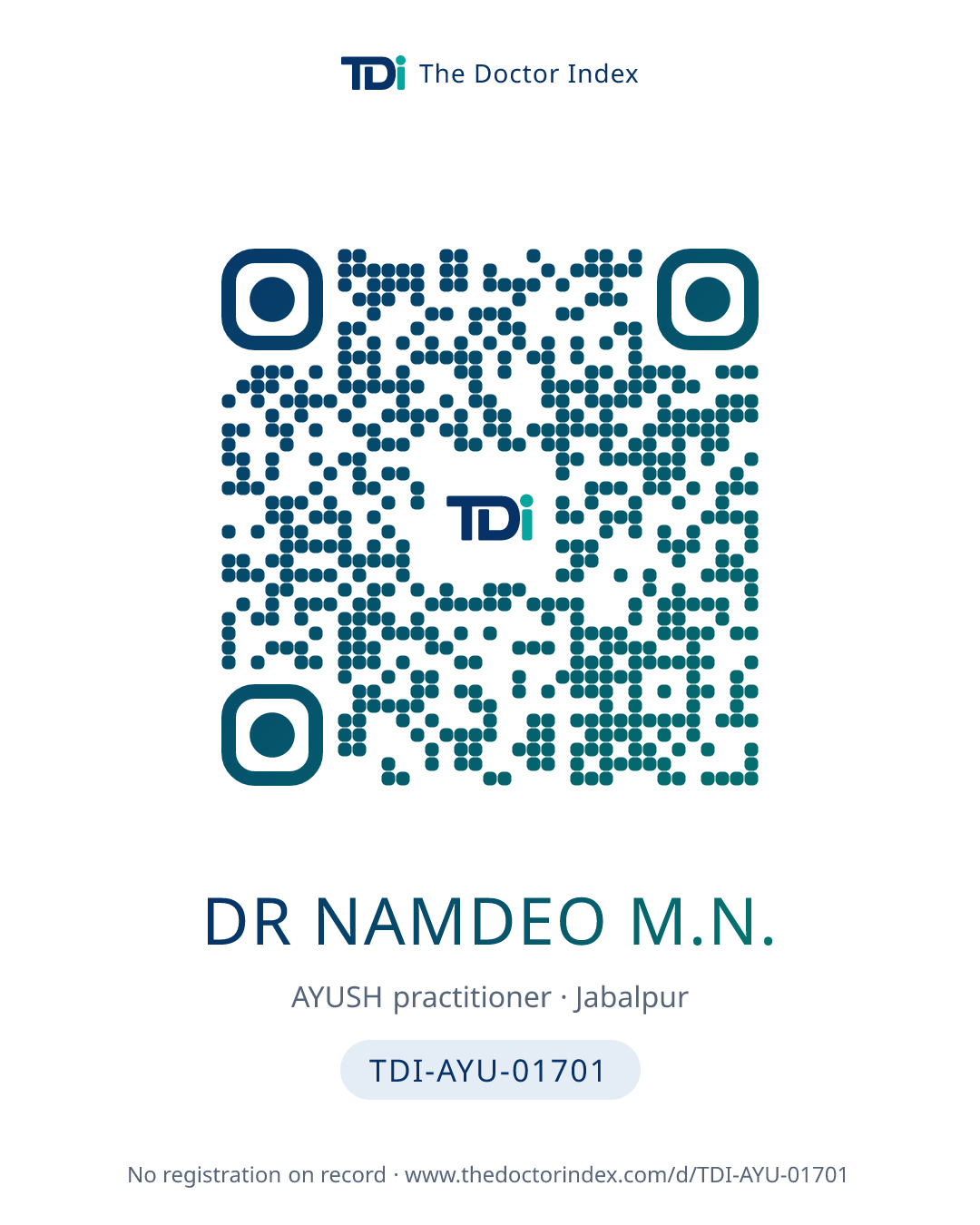 QR card for Dr Namdeo M.N., TDI-AYU-01701