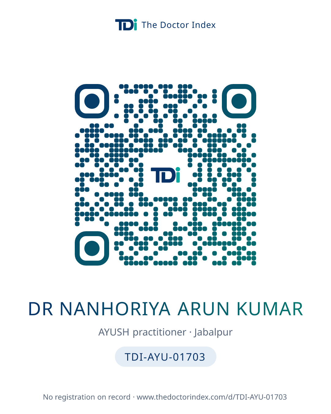 QR card for Dr Nanhoriya Arun Kumar, TDI-AYU-01703