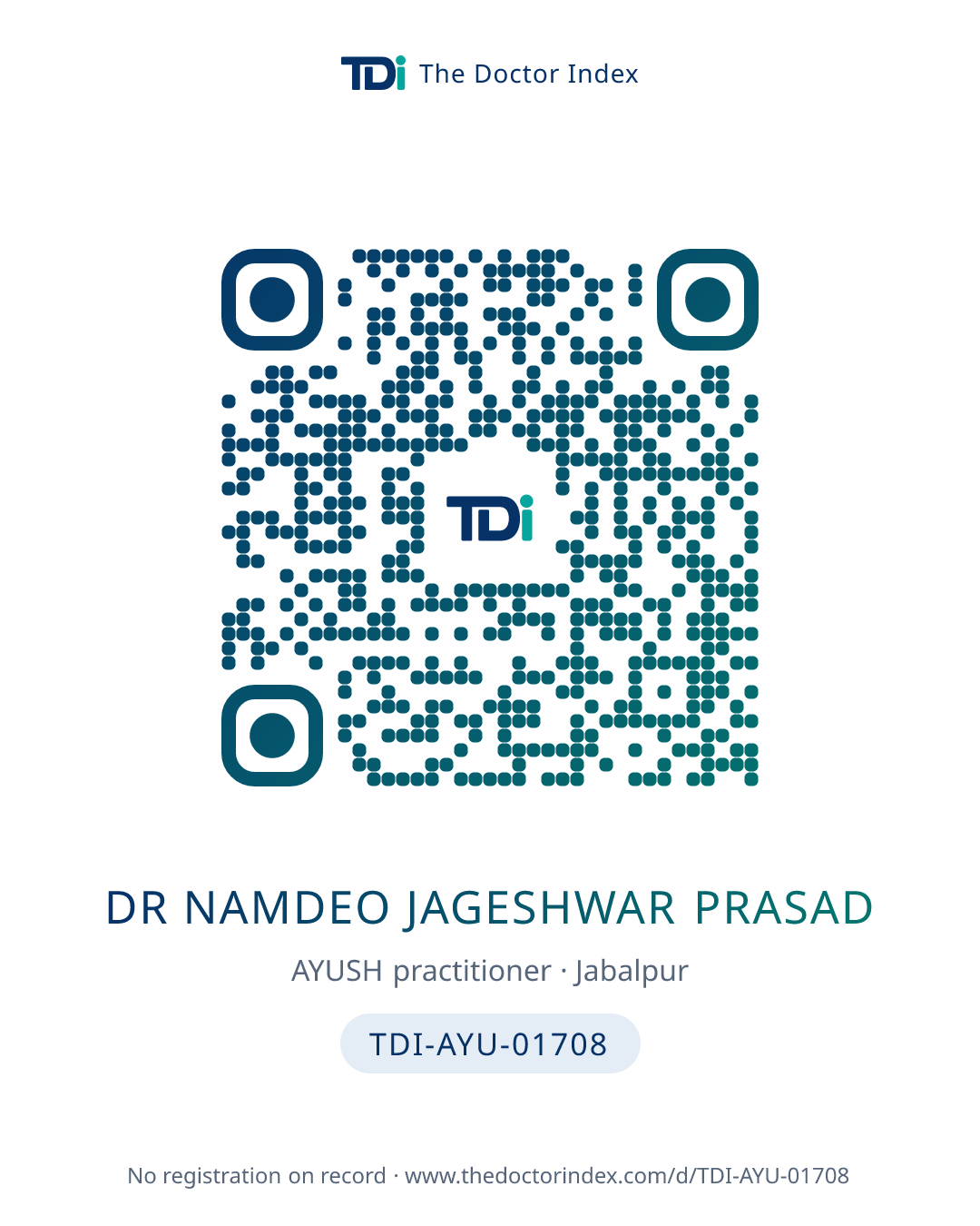 QR card for Dr Namdeo Jageshwar Prasad, TDI-AYU-01708