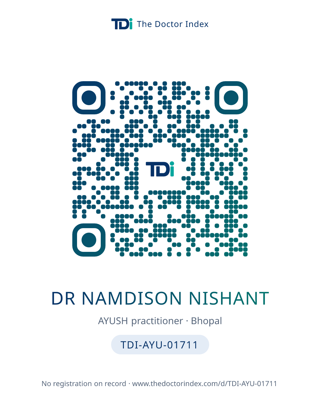QR card for Dr Namdison Nishant, TDI-AYU-01711