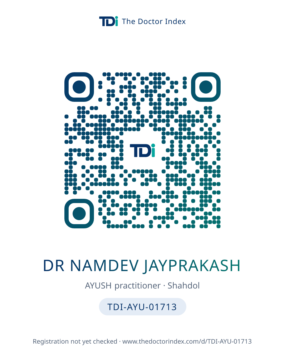 QR card for Dr Namdev Jayprakash, TDI-AYU-01713