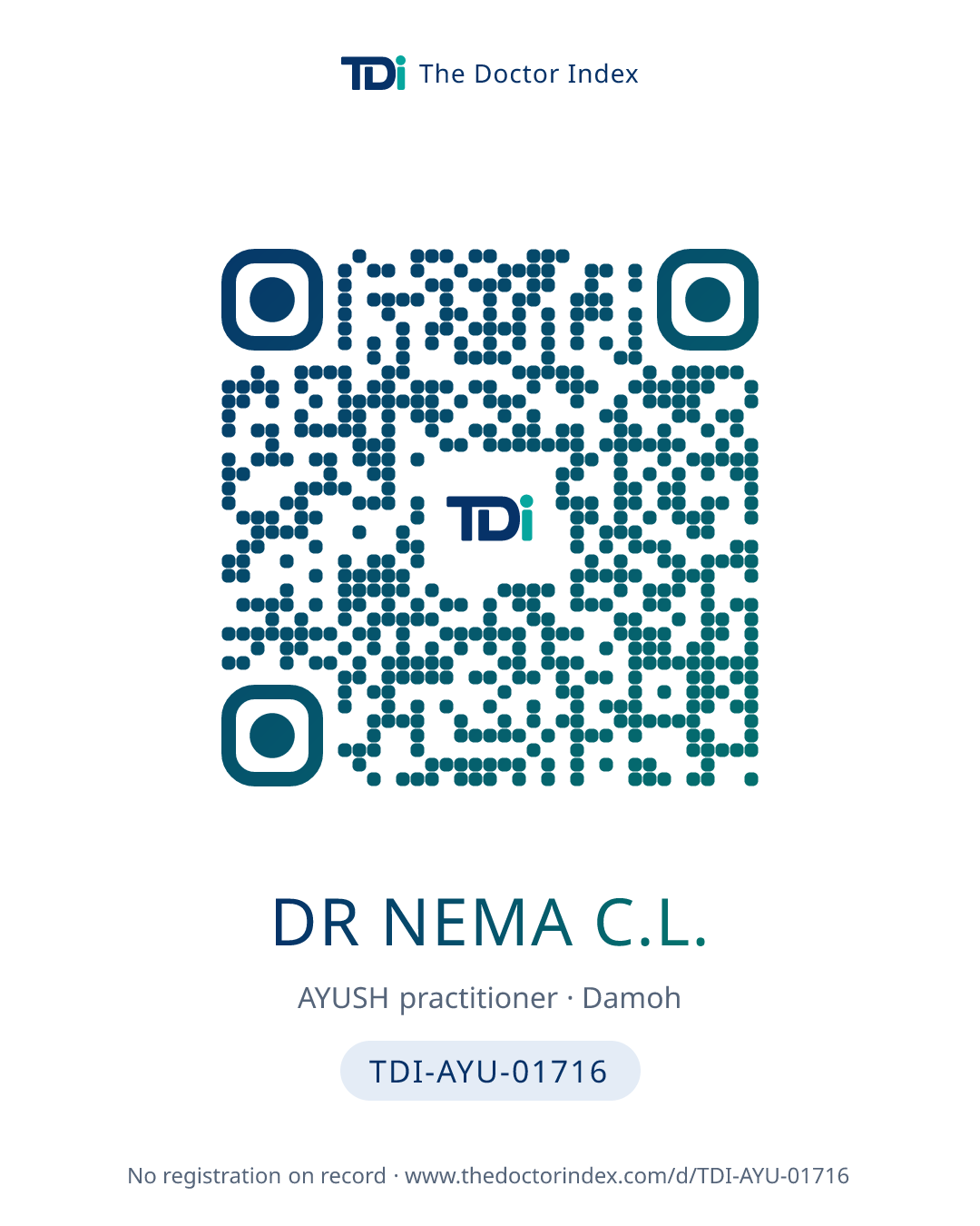 QR card for Dr Nema C.L., TDI-AYU-01716
