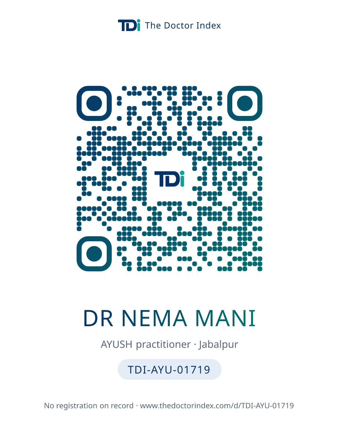 QR card for Dr Nema Mani, TDI-AYU-01719