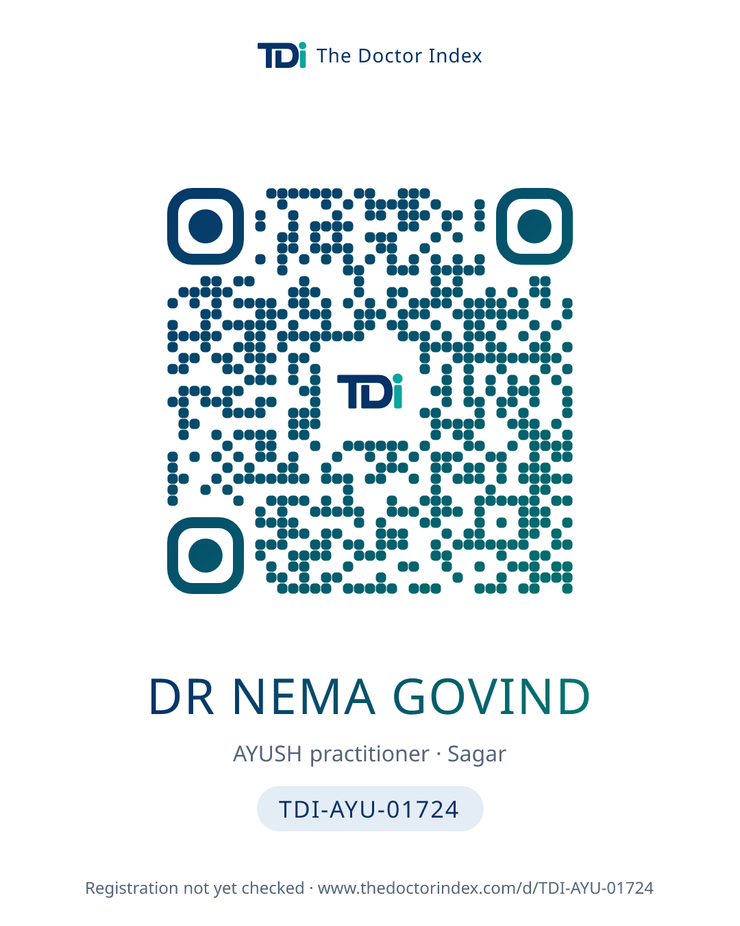 QR card for Dr Nema Govind, TDI-AYU-01724