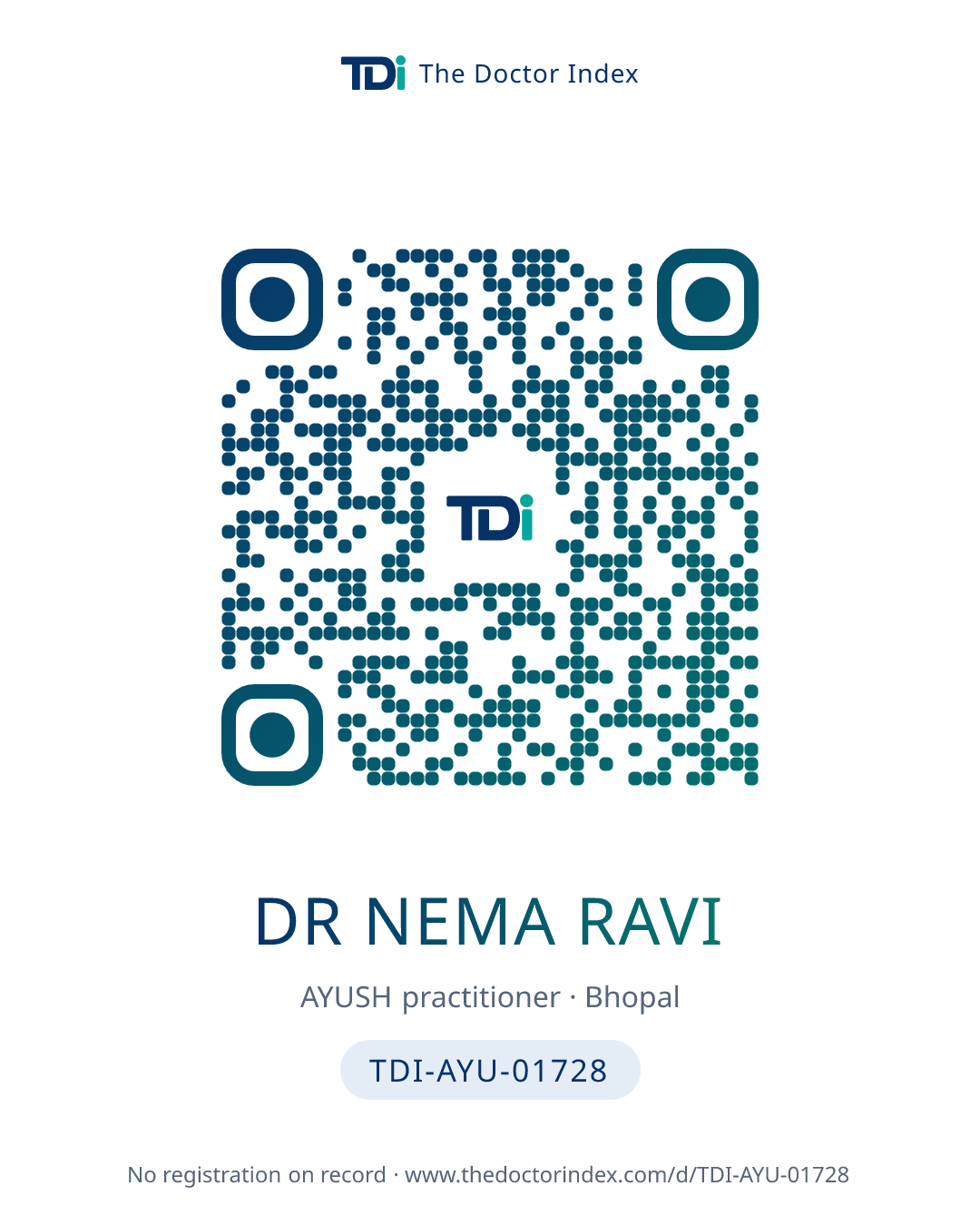 QR card for Dr Nema Ravi, TDI-AYU-01728