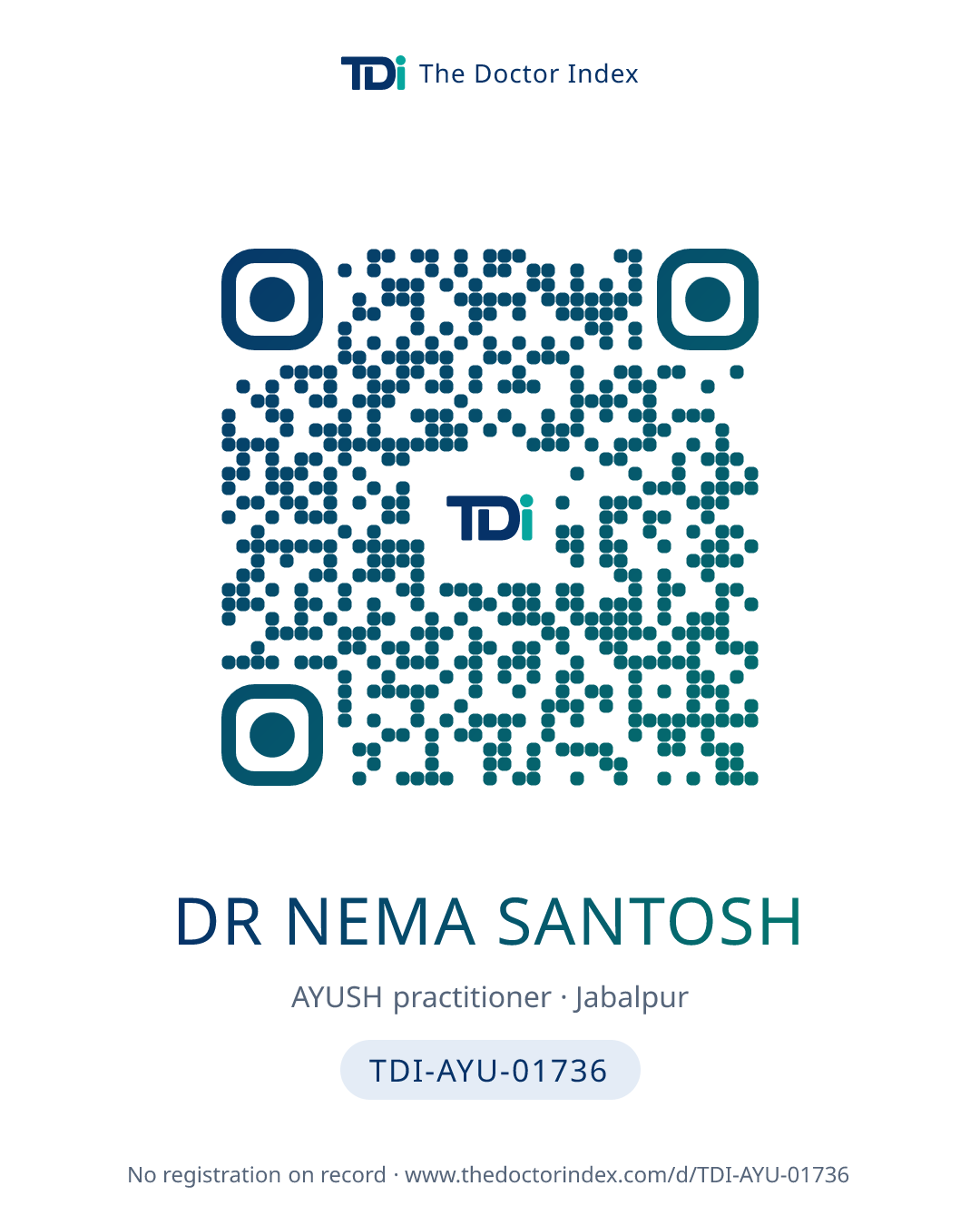 QR card for Dr Nema Santosh, TDI-AYU-01736