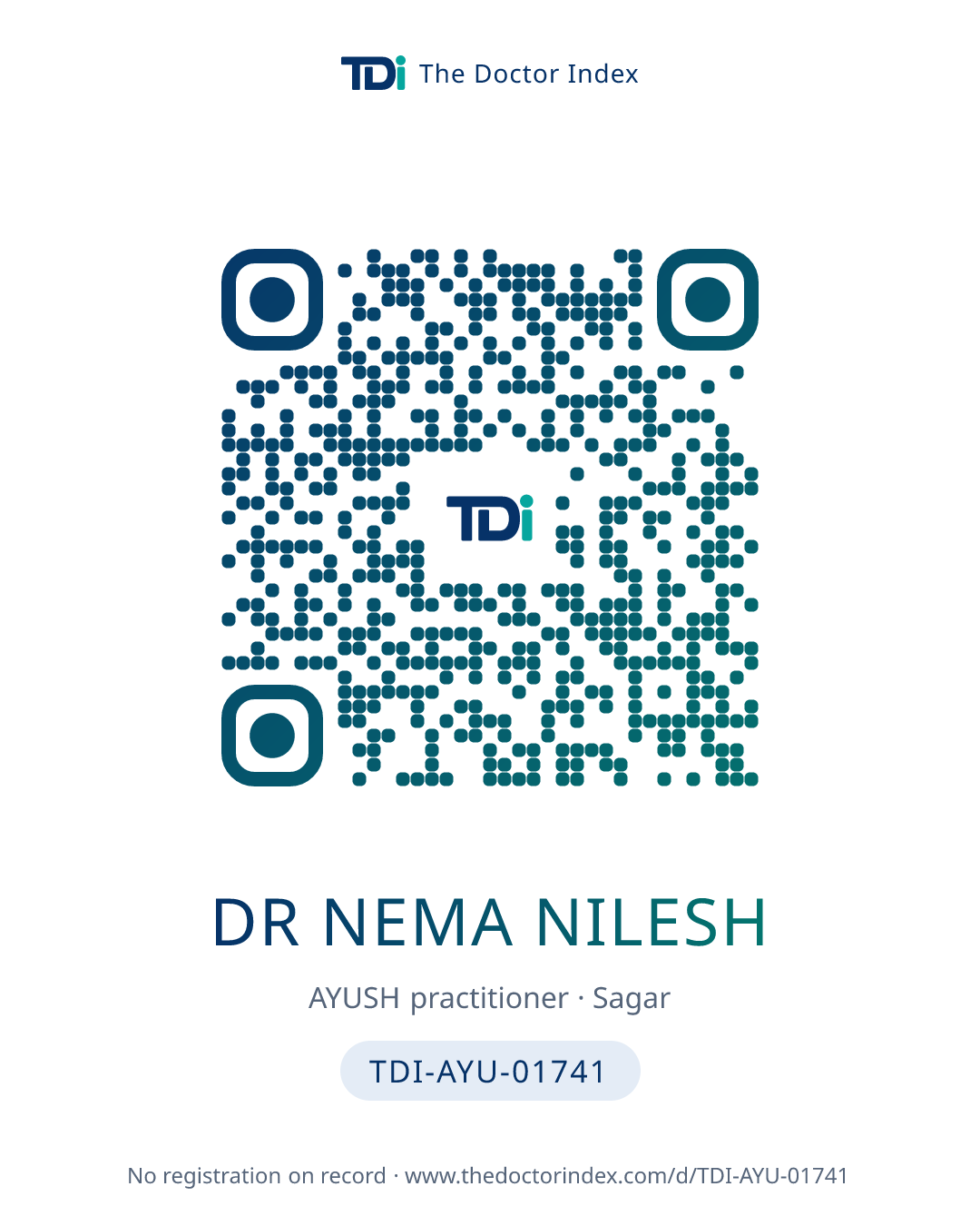 QR card for Dr Nema Nilesh, TDI-AYU-01741