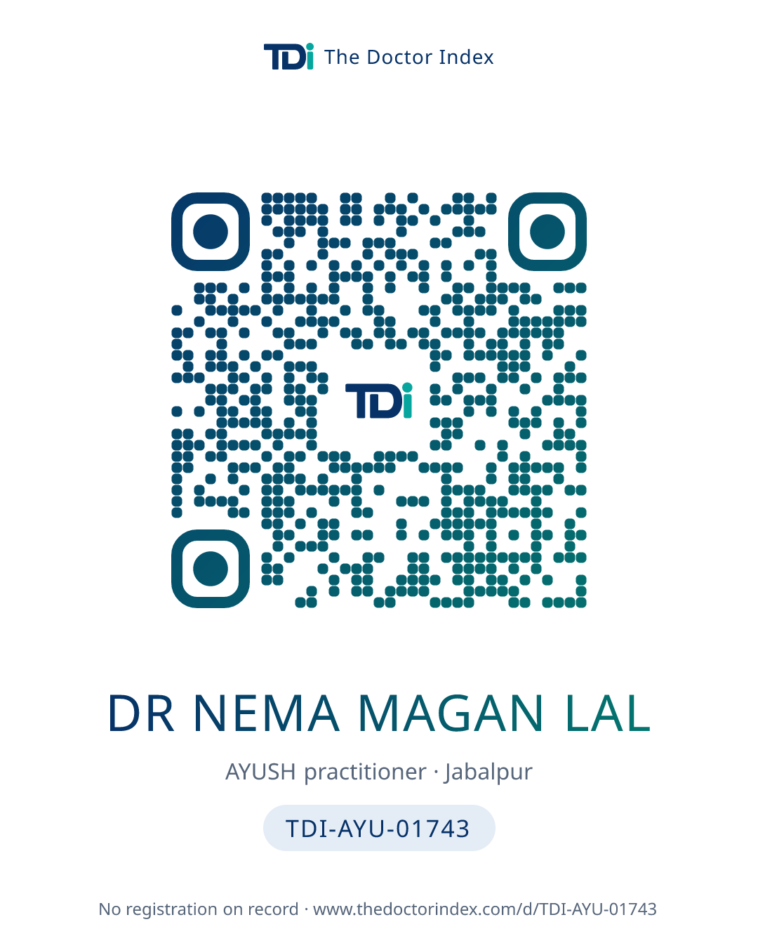 QR card for Dr Nema Magan Lal, TDI-AYU-01743