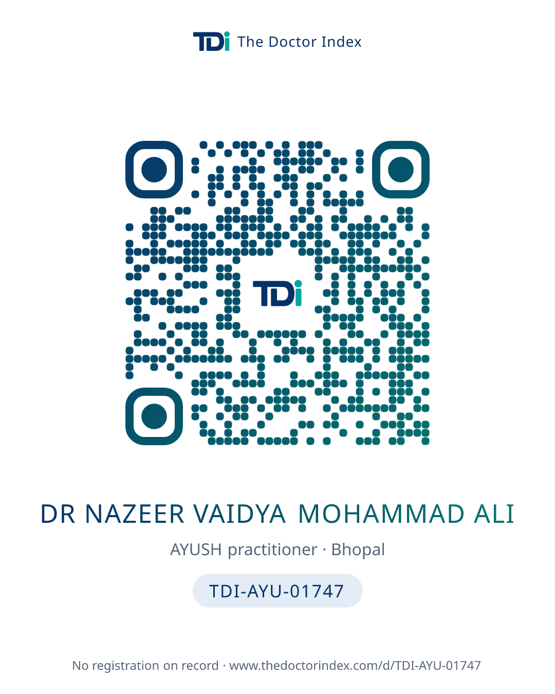 QR card for Dr Nazeer Vaidya Mohammad Ali, TDI-AYU-01747