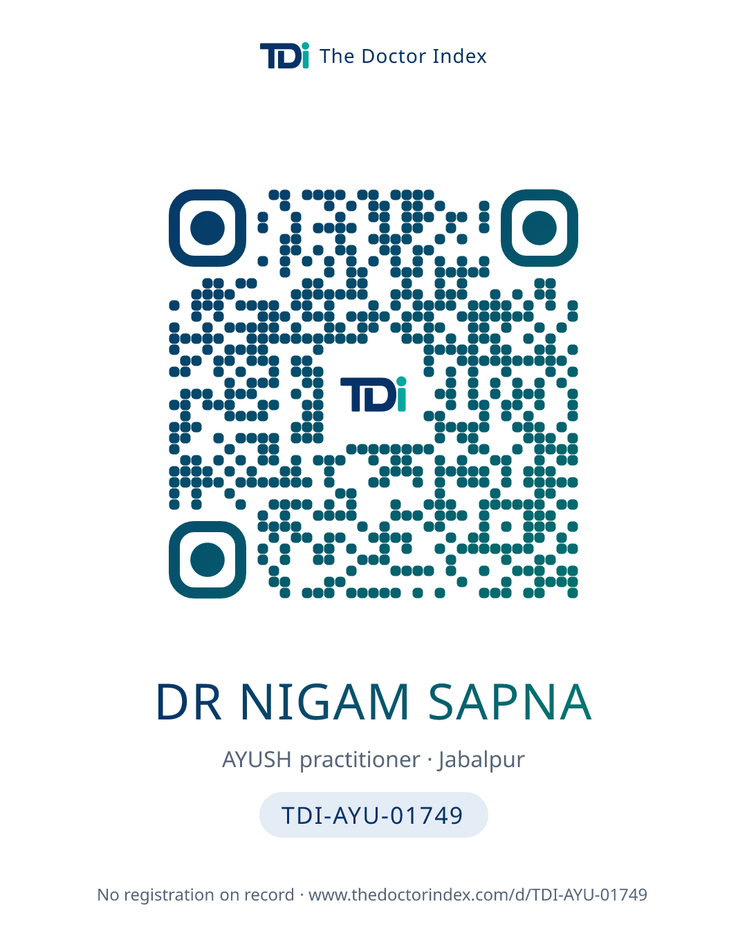QR card for Dr Nigam Sapna, TDI-AYU-01749