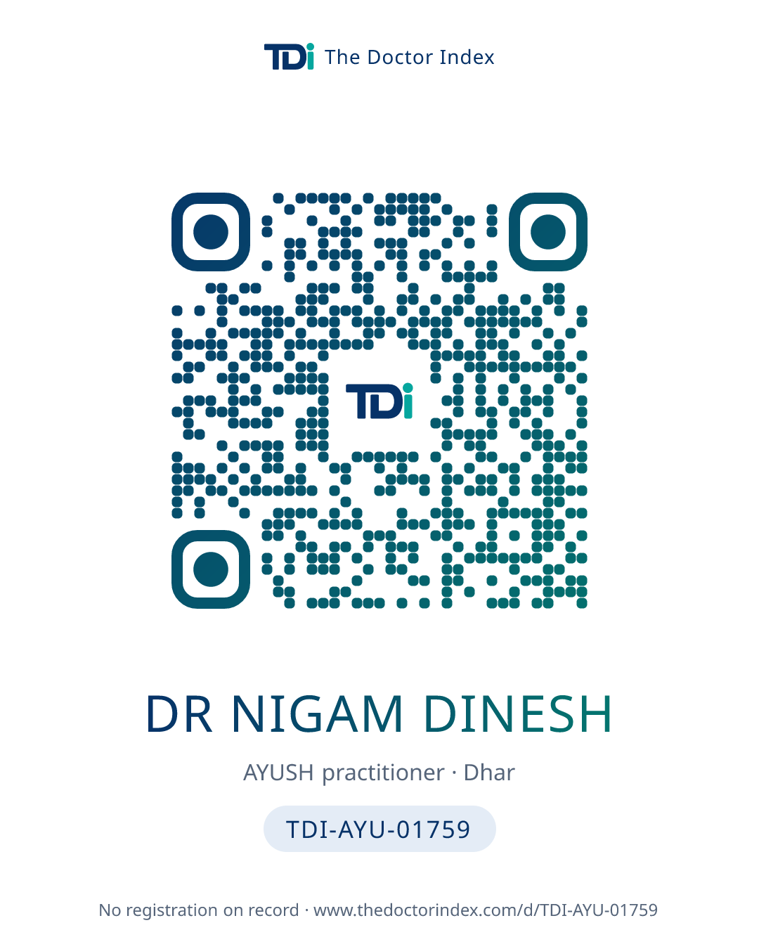 QR card for Dr Nigam Dinesh, TDI-AYU-01759