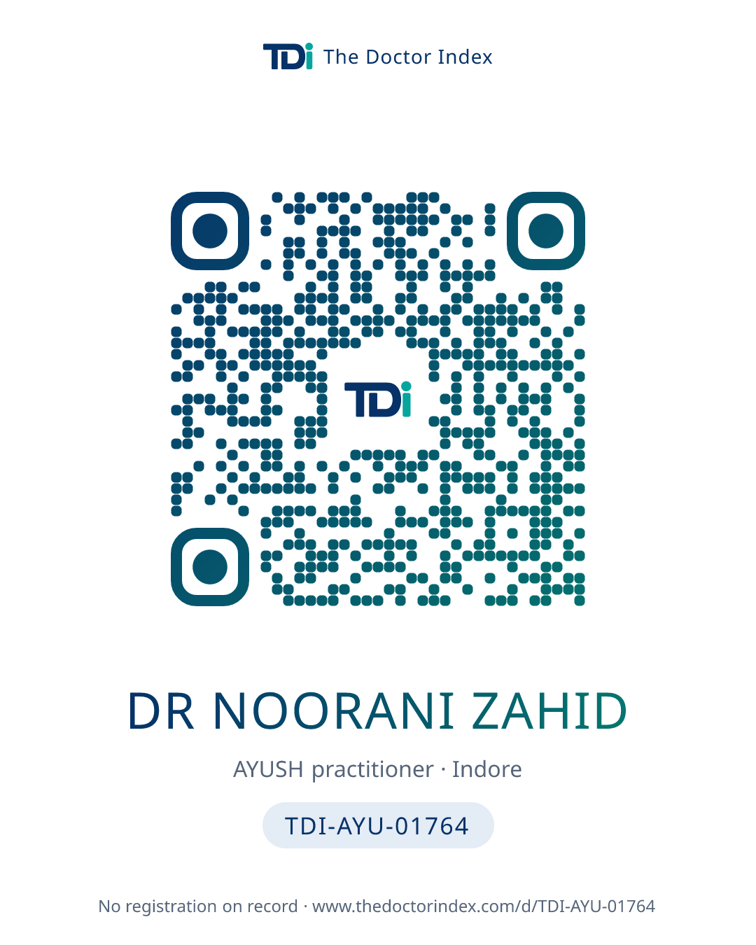 QR card for Dr Noorani Zahid, TDI-AYU-01764