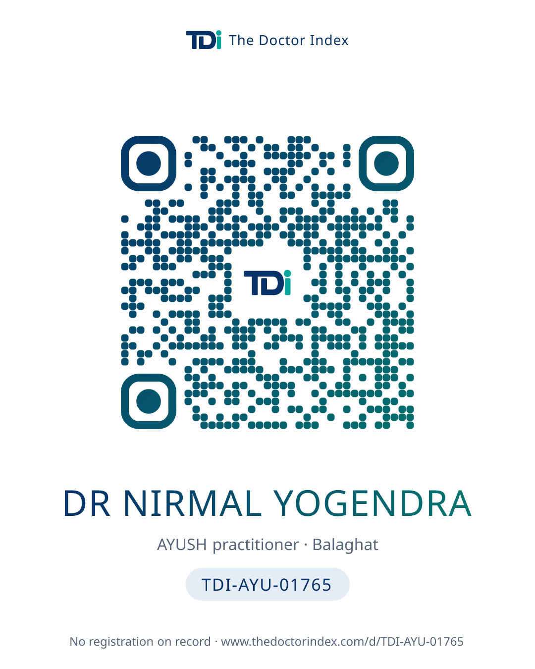 QR card for Dr Nirmal Yogendra, TDI-AYU-01765