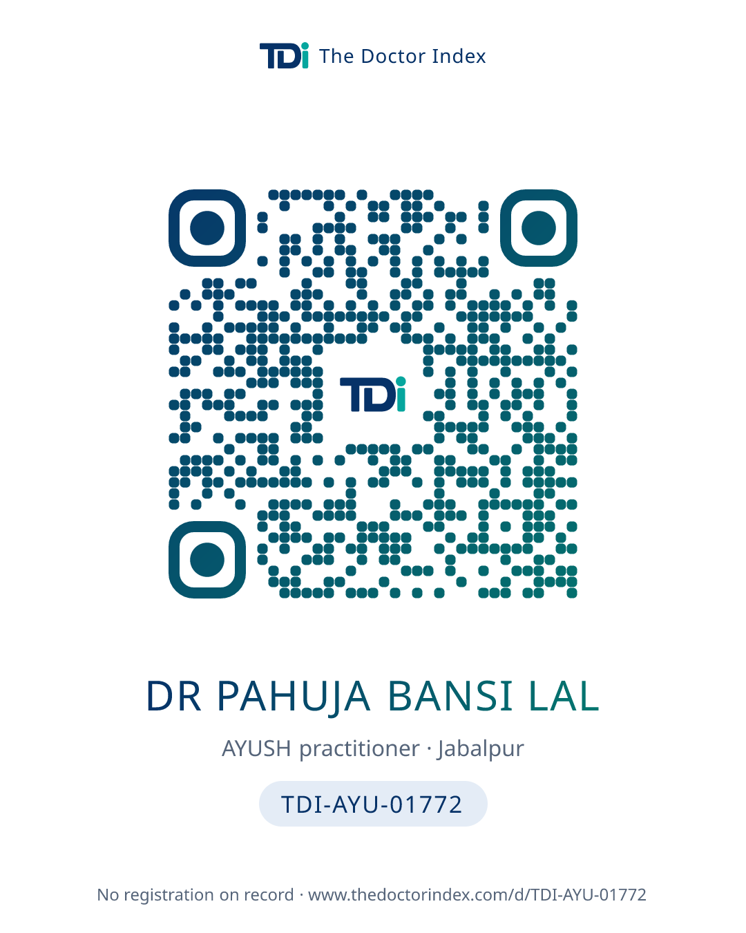 QR card for Dr Pahuja Bansi Lal, TDI-AYU-01772