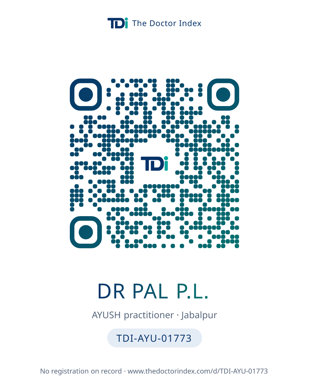 QR card for Dr Pal P.L., TDI-AYU-01773