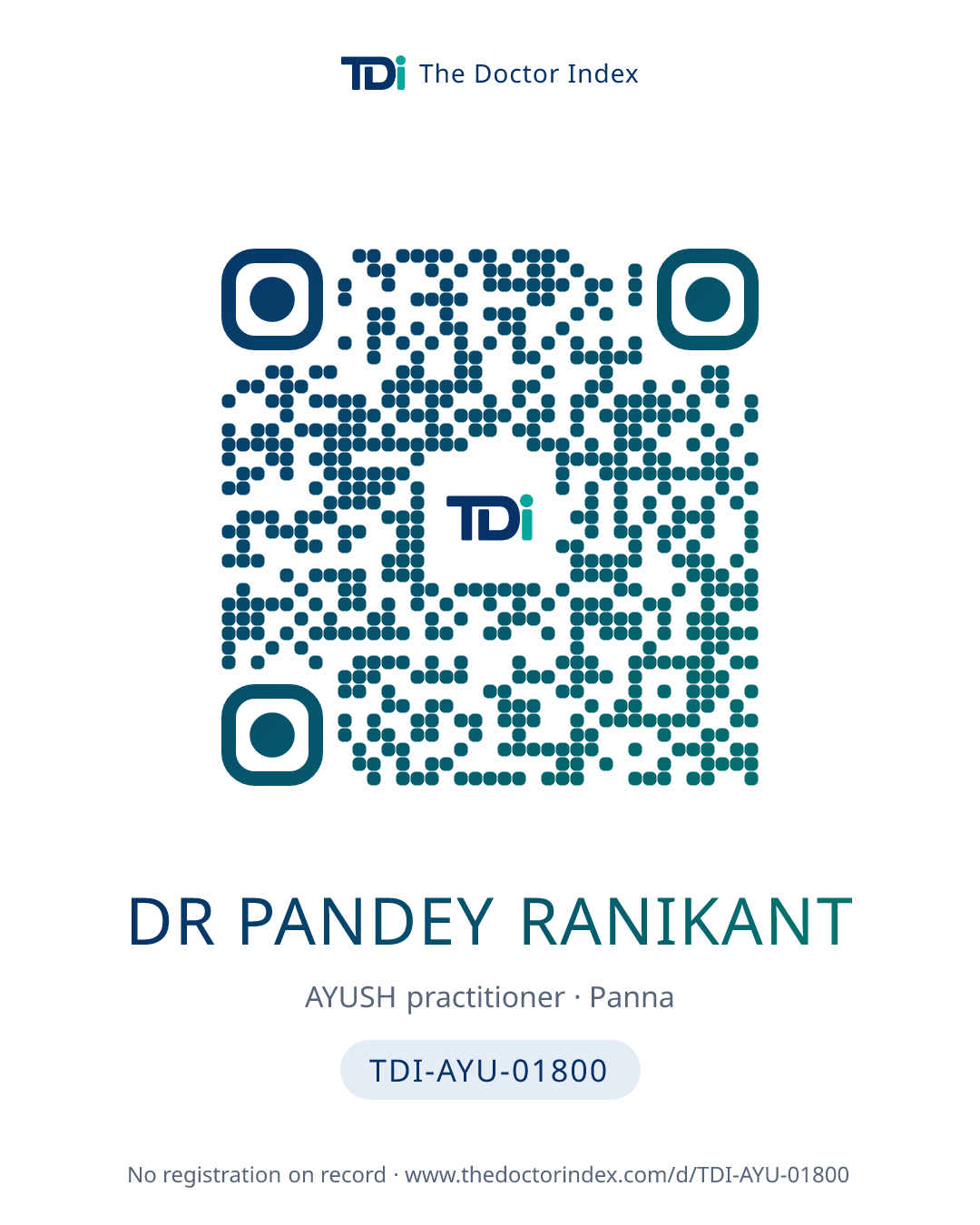 QR card for Dr Pandey Ranikant, TDI-AYU-01800