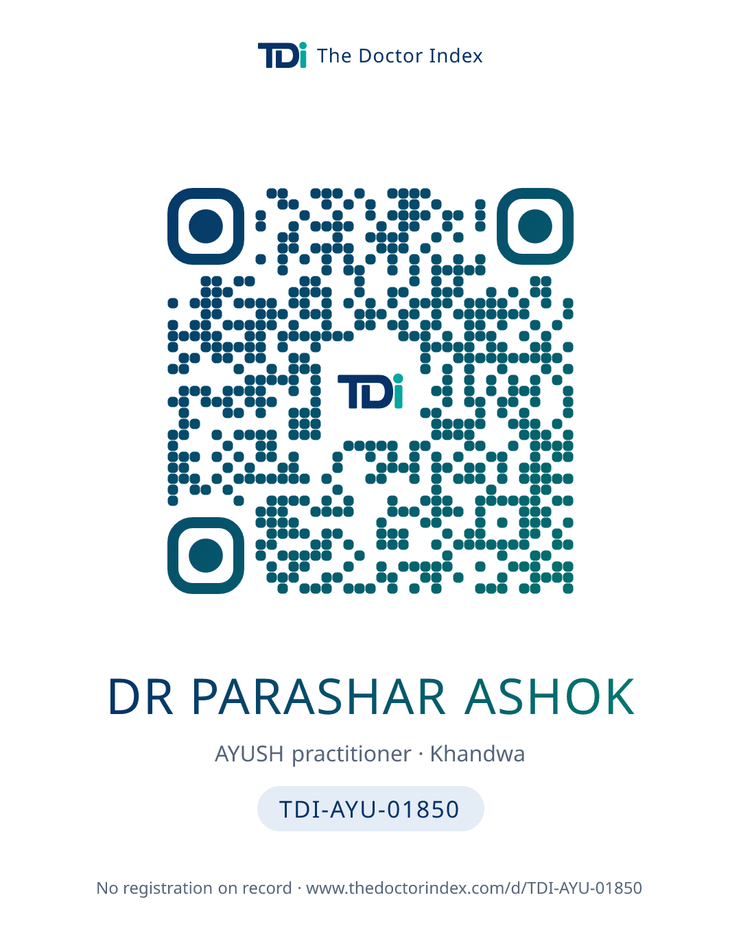 QR card for Dr Parashar Ashok, TDI-AYU-01850