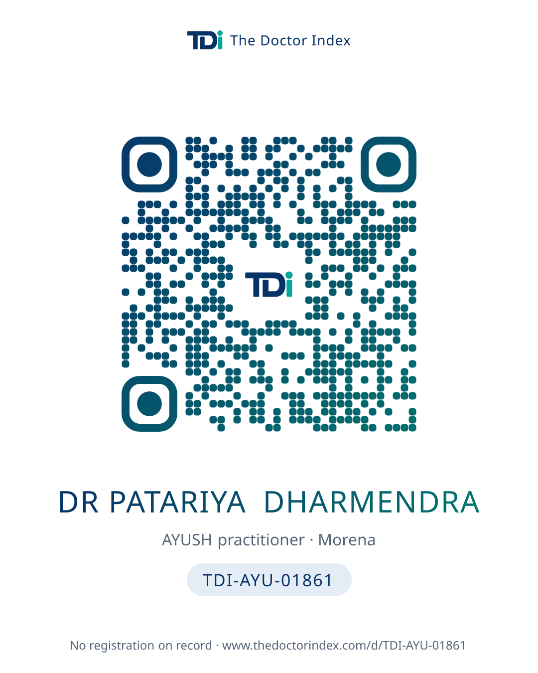 QR card for Dr Patariya Dharmendra, TDI-AYU-01861