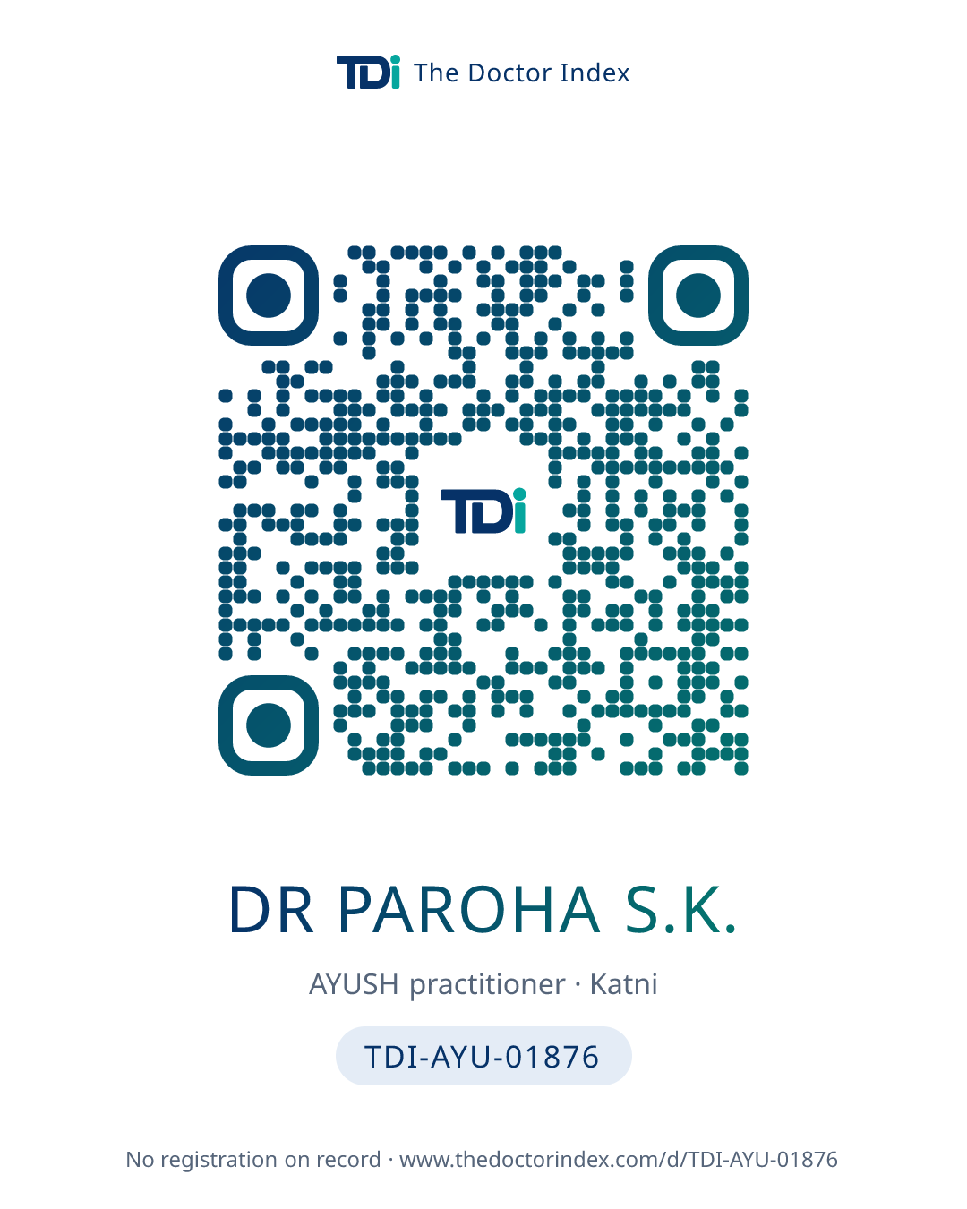 QR card for Dr Paroha S.K., TDI-AYU-01876