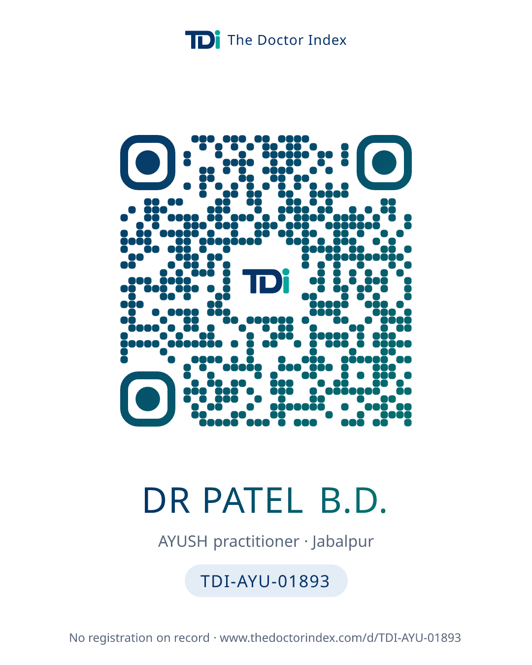 QR card for Dr Patel B.D., TDI-AYU-01893