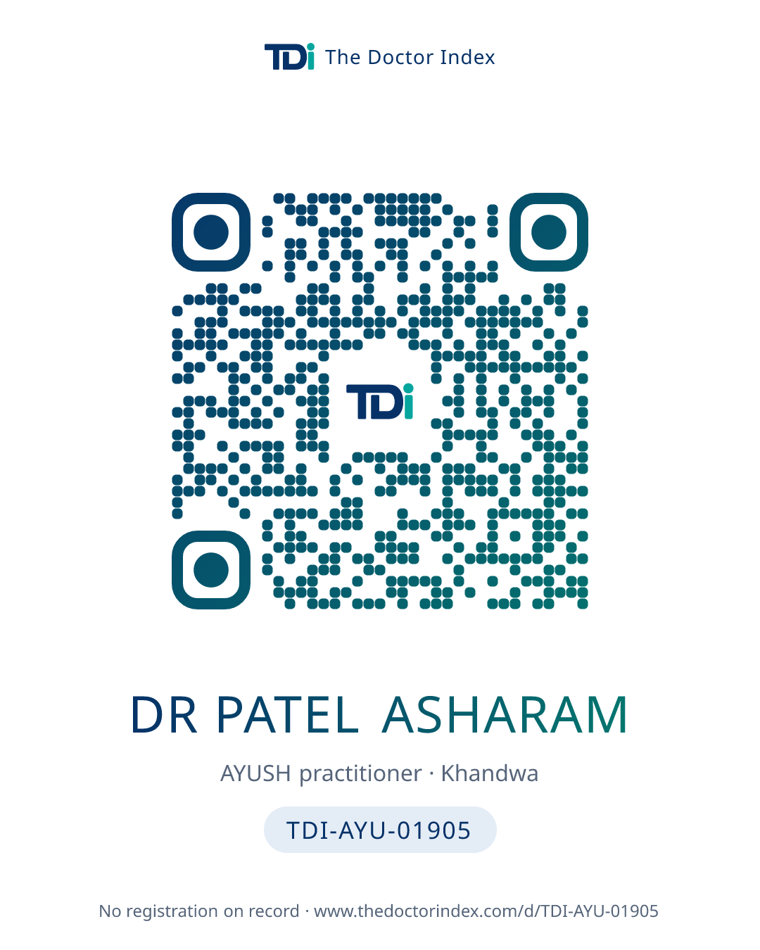 QR card for Dr Patel Asharam, TDI-AYU-01905