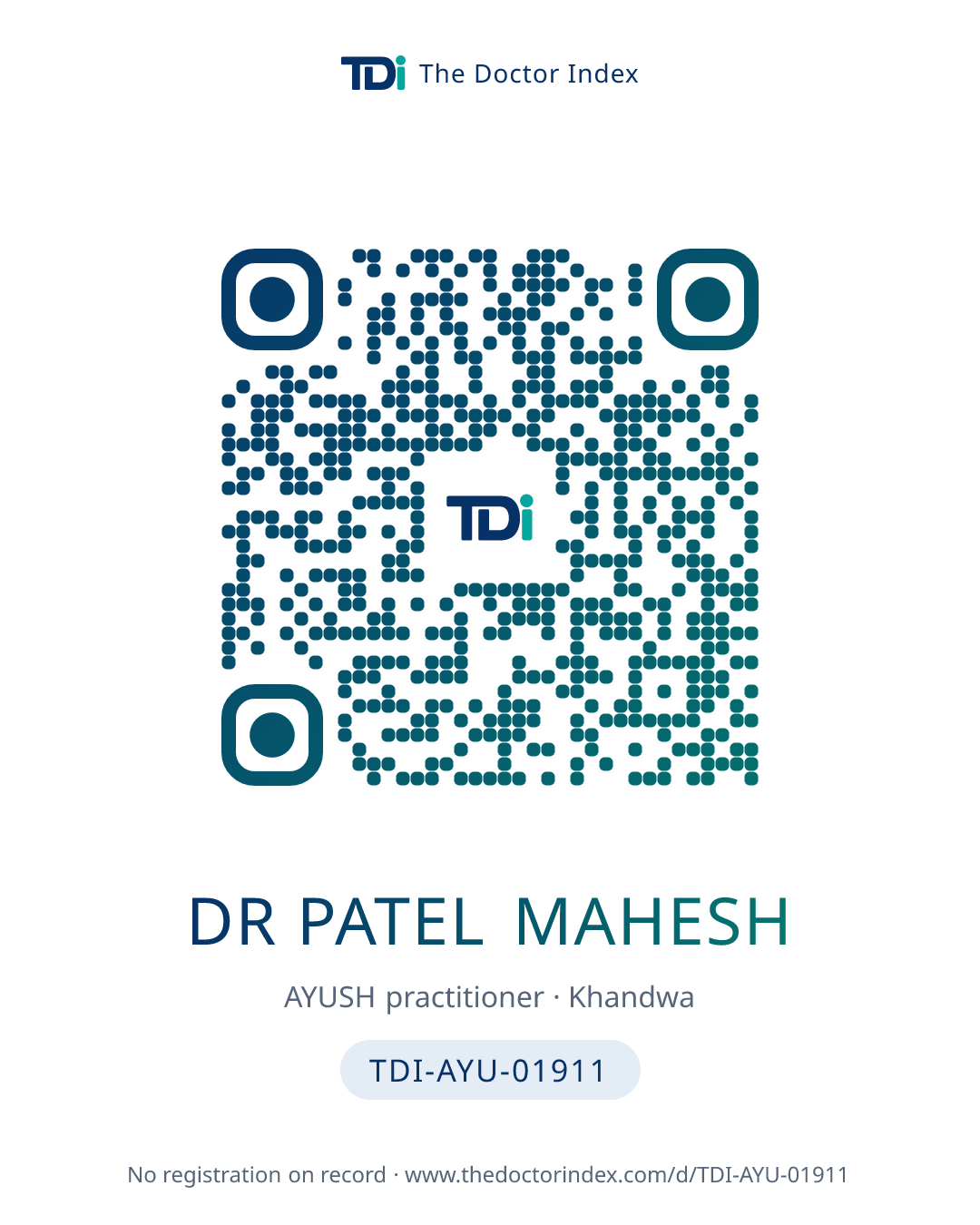 QR card for Dr Patel Mahesh, TDI-AYU-01911