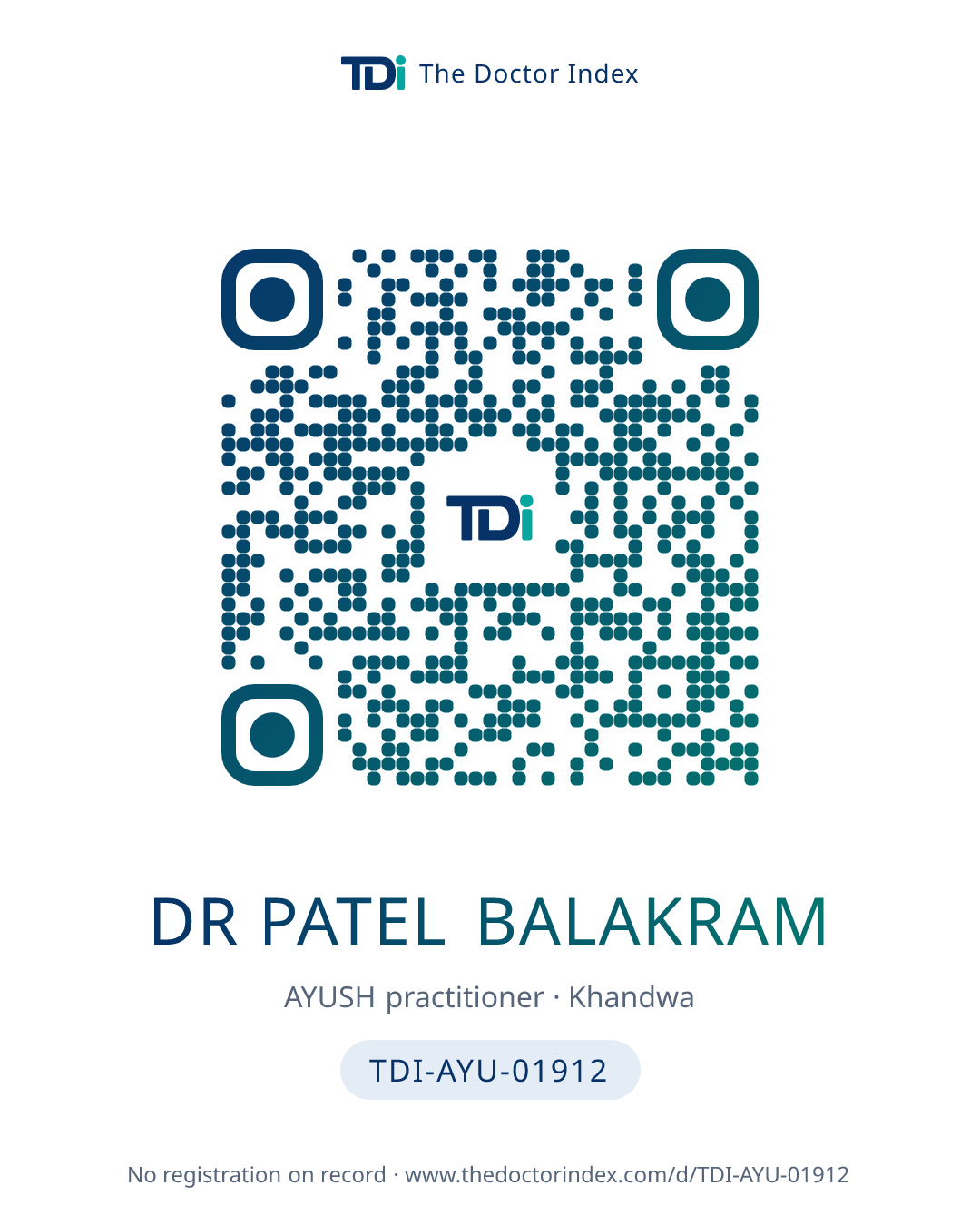 QR card for Dr Patel Balakram, TDI-AYU-01912