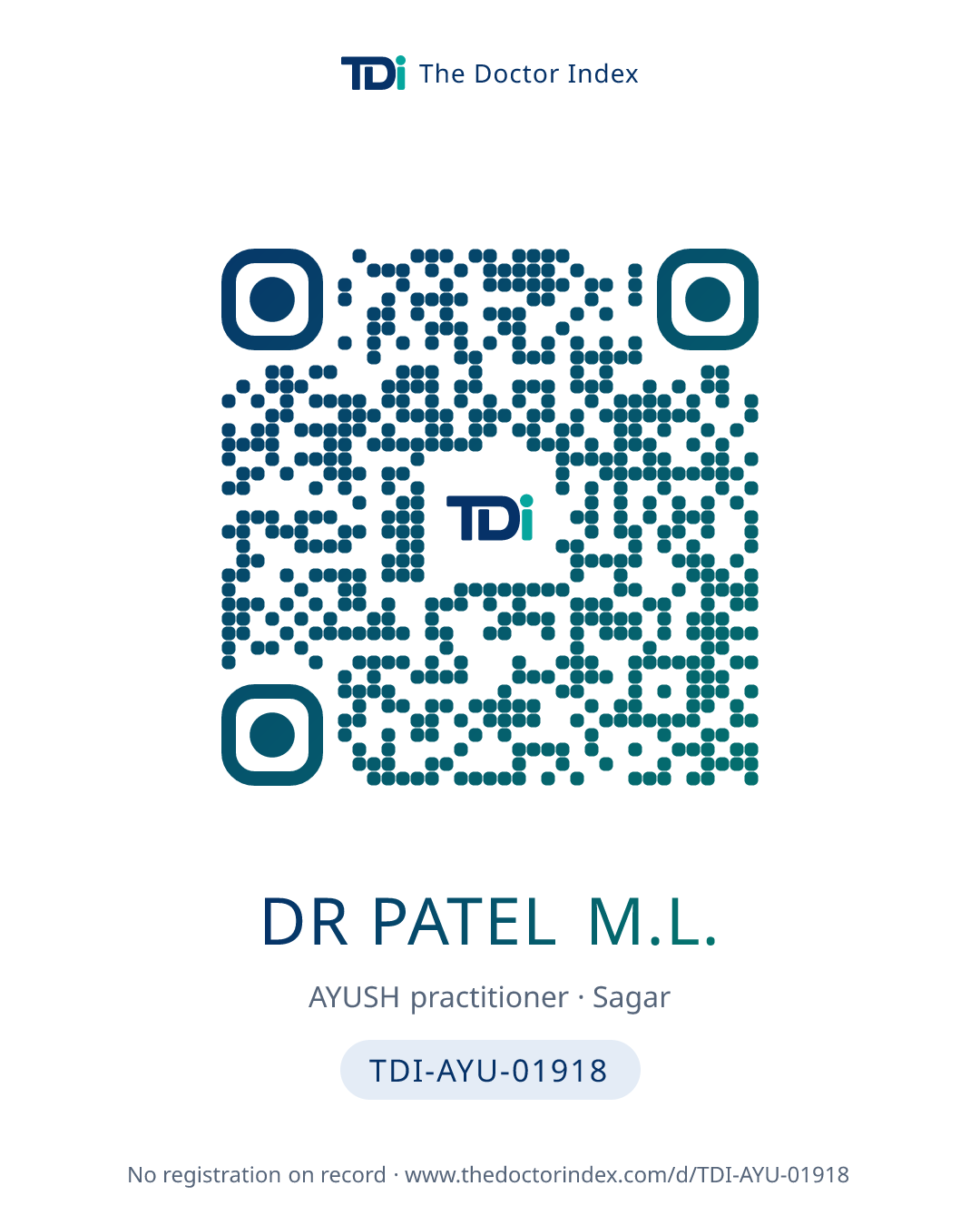 QR card for Dr Patel M.L., TDI-AYU-01918