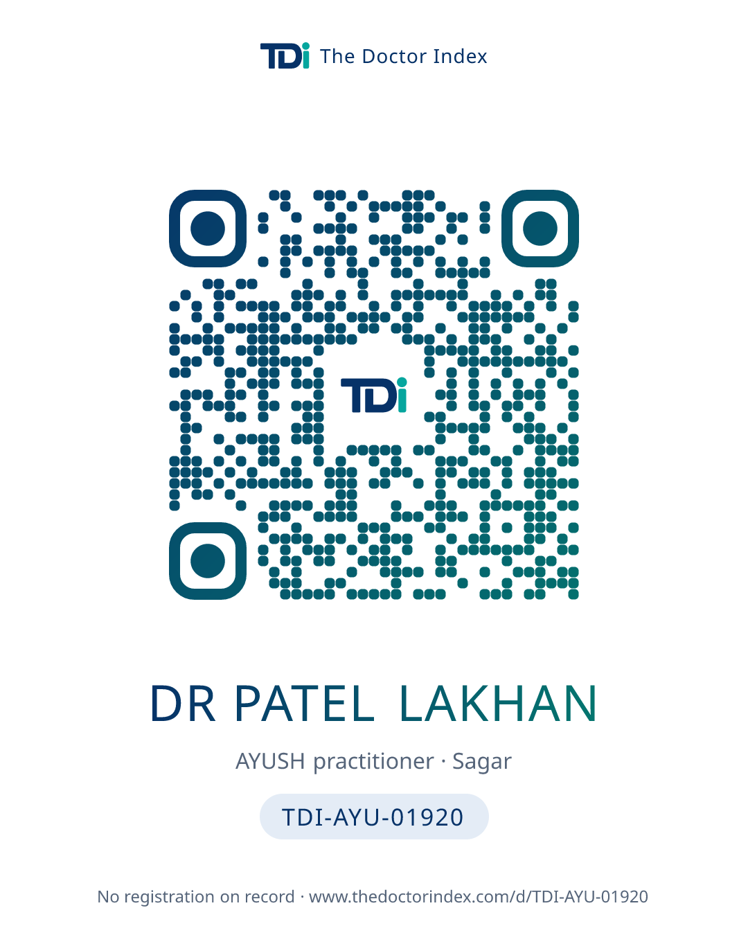 QR card for Dr Patel Lakhan, TDI-AYU-01920