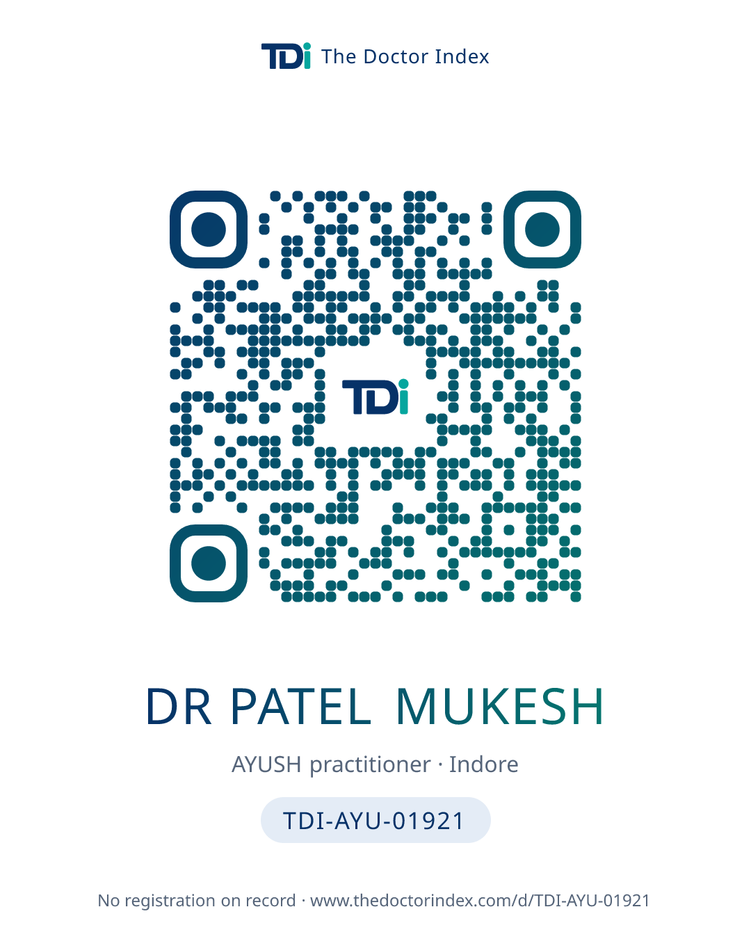 QR card for Dr Patel Mukesh, TDI-AYU-01921