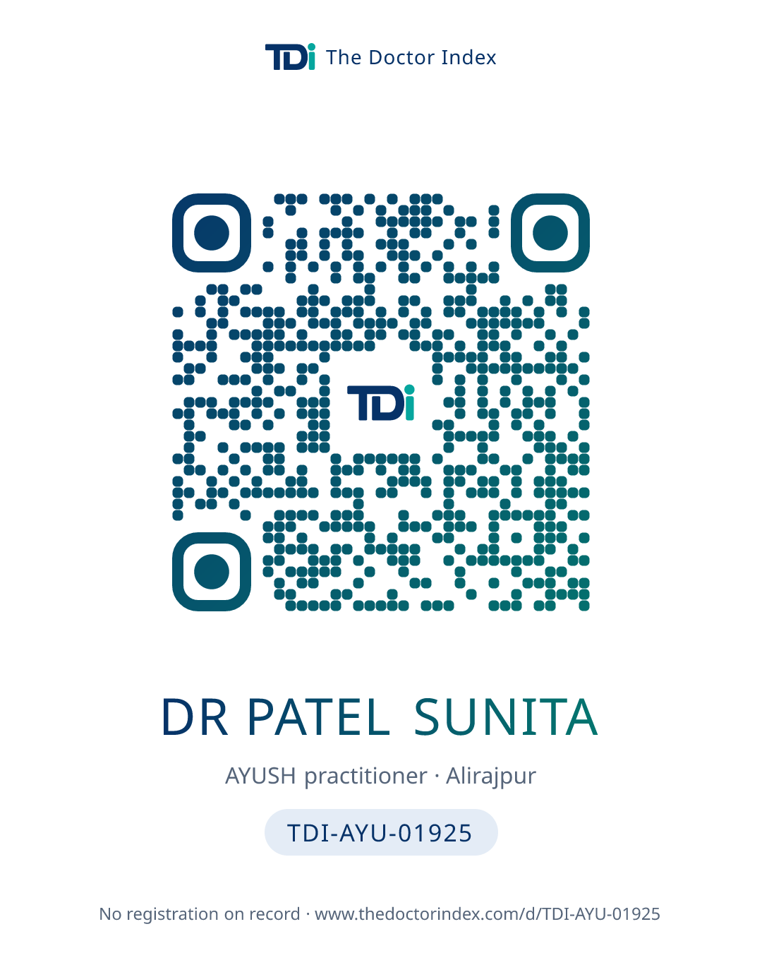 QR card for Dr Patel Sunita, TDI-AYU-01925