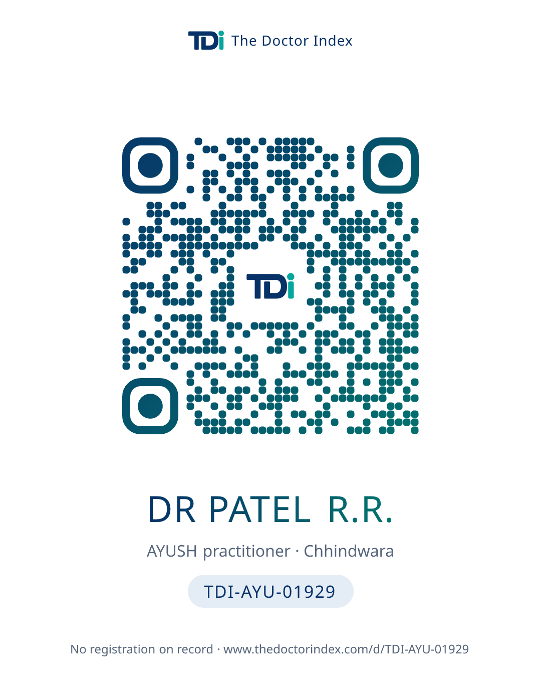 QR card for Dr Patel R.R., TDI-AYU-01929