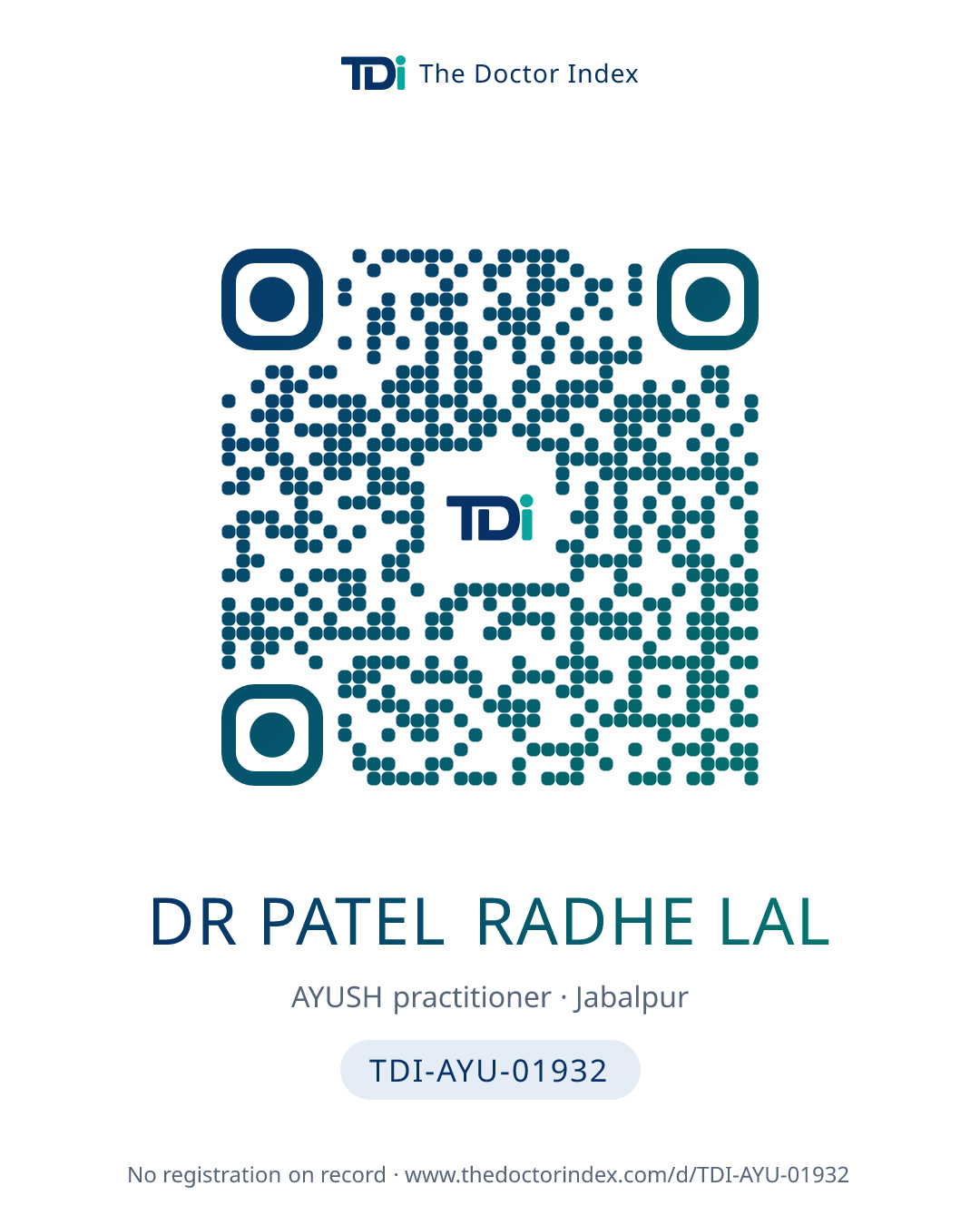 QR card for Dr Patel Radhe Lal, TDI-AYU-01932
